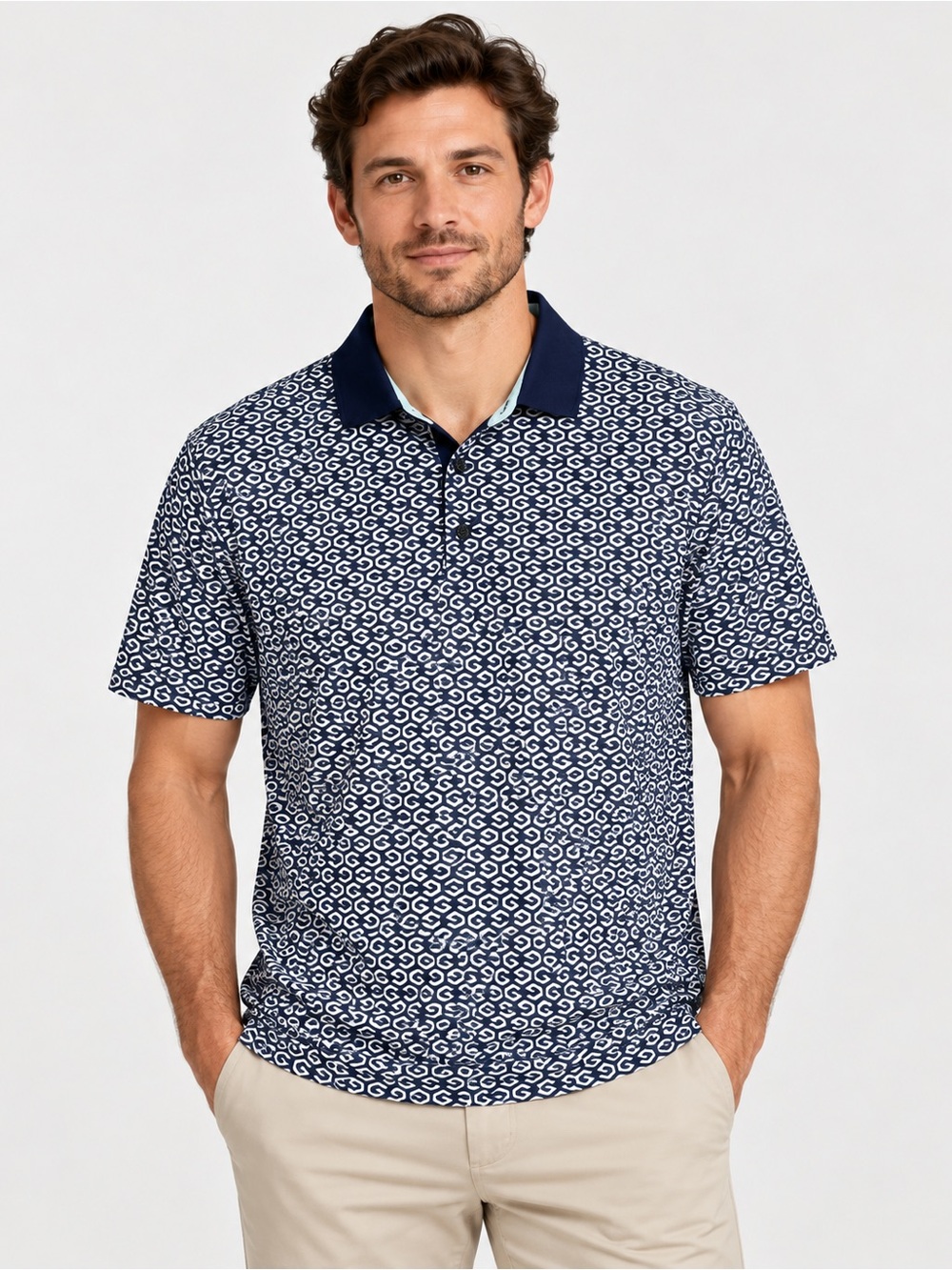 Greyson Men’s Performance Golf Polo Size S Navy White Geometric G Print Stretch